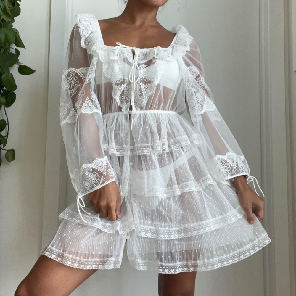 For Love & Lemons x Victoria's Secret collab. White sheer long sleeve lace dress